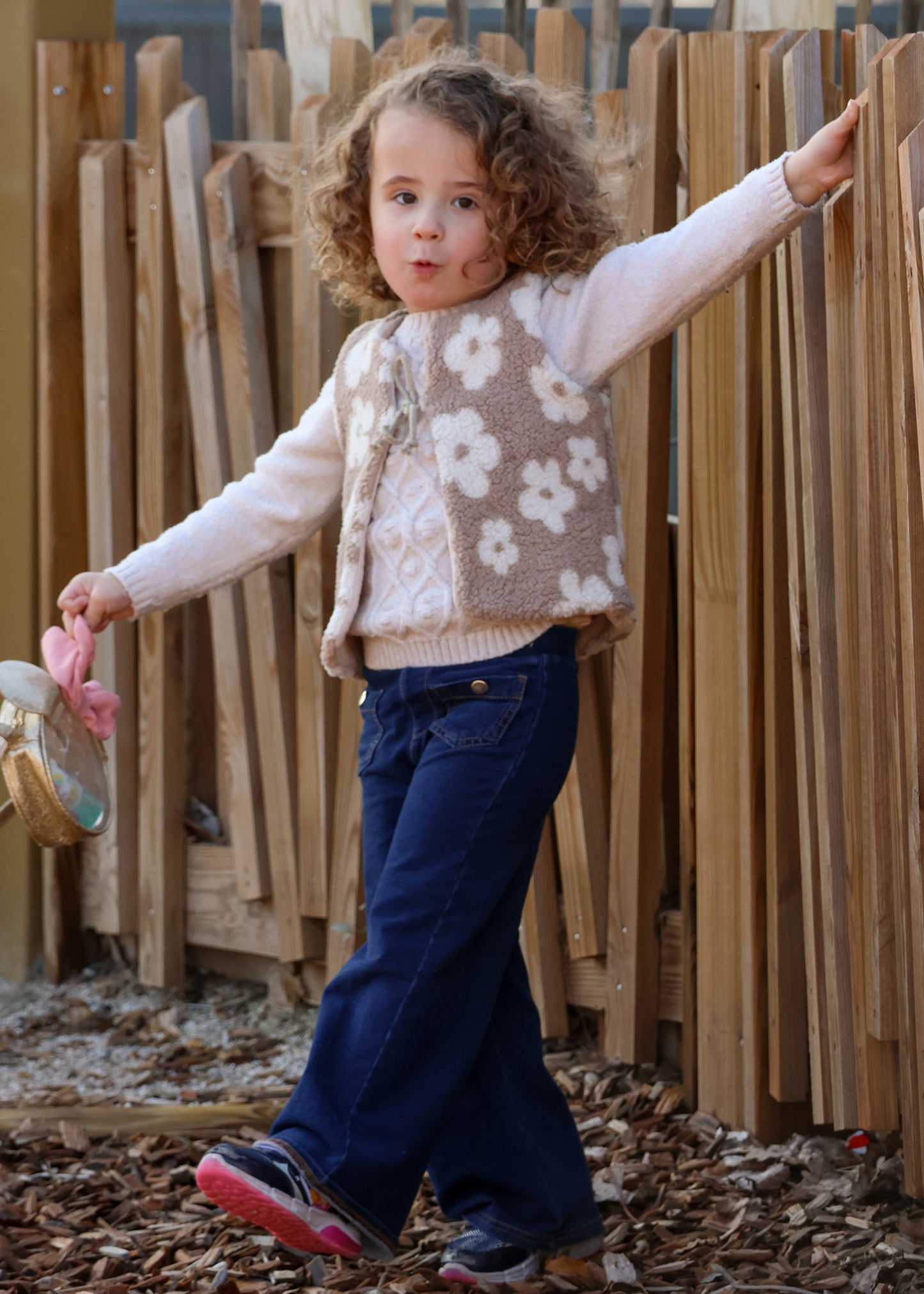Gilet de berger bébé et enfant - Fleurs blanches