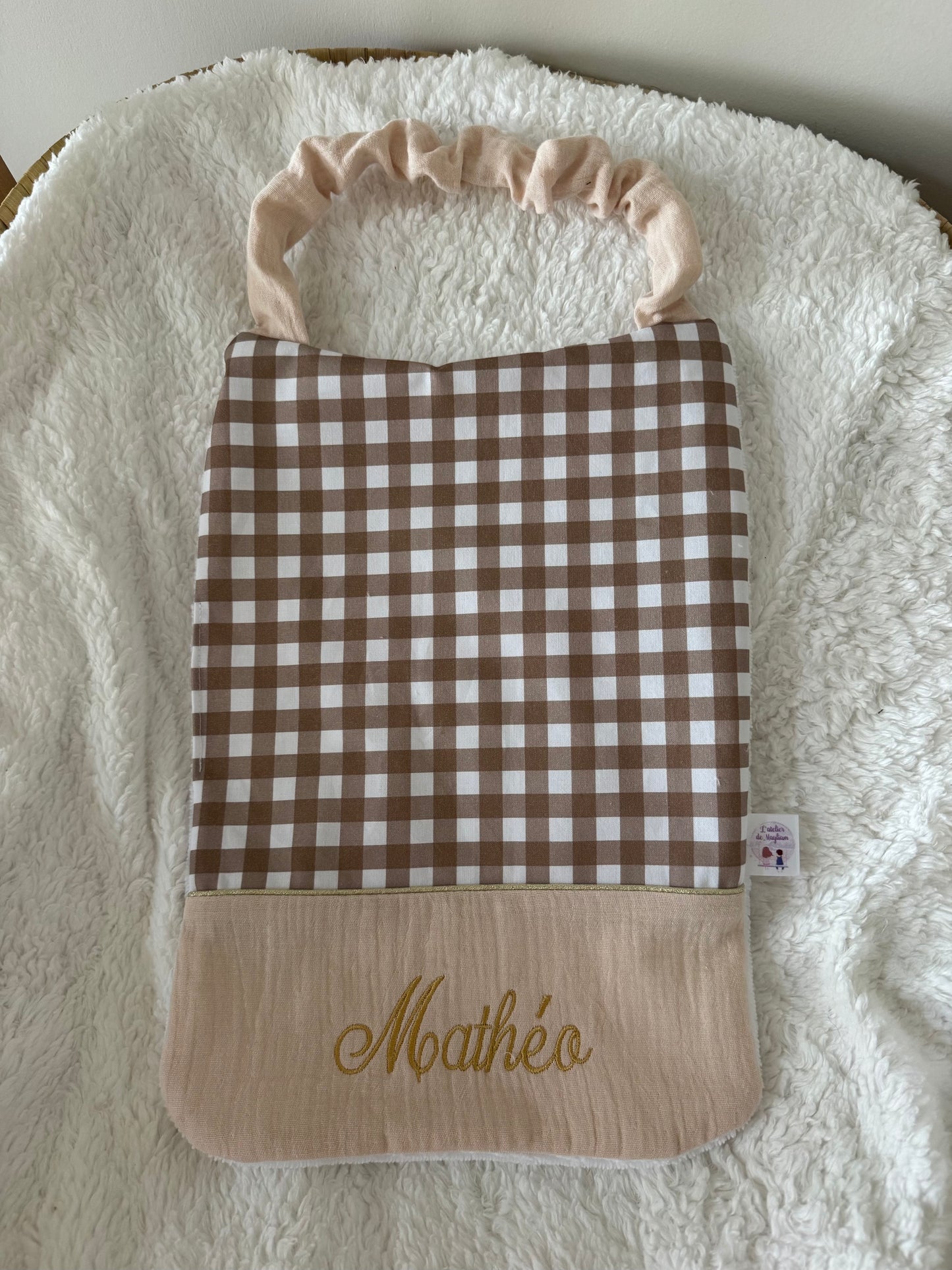 Serviette de cantine personnalisée – Collection Vichy marron