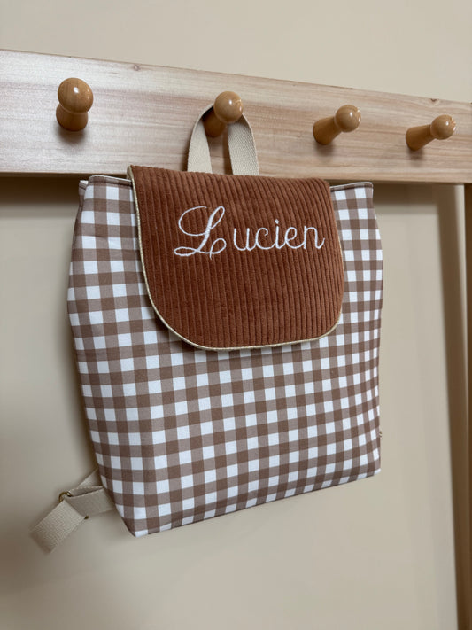 Sac à dos personnalisé maternelle - Collection Vichy marron