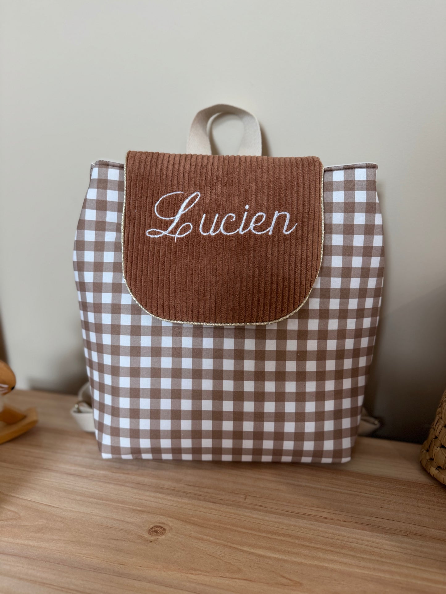 Sac à dos personnalisé maternelle - Collection Vichy marron
