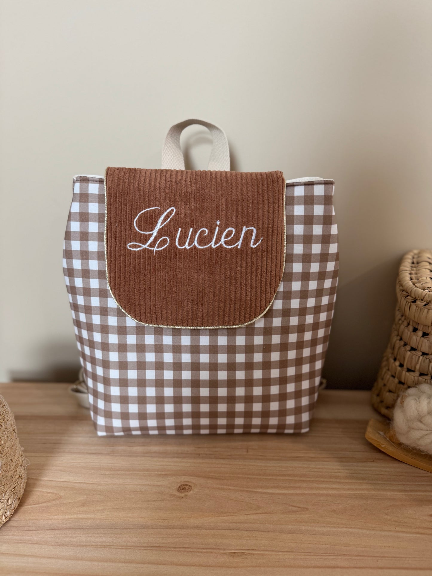 Sac à dos personnalisé maternelle - Collection Vichy marron