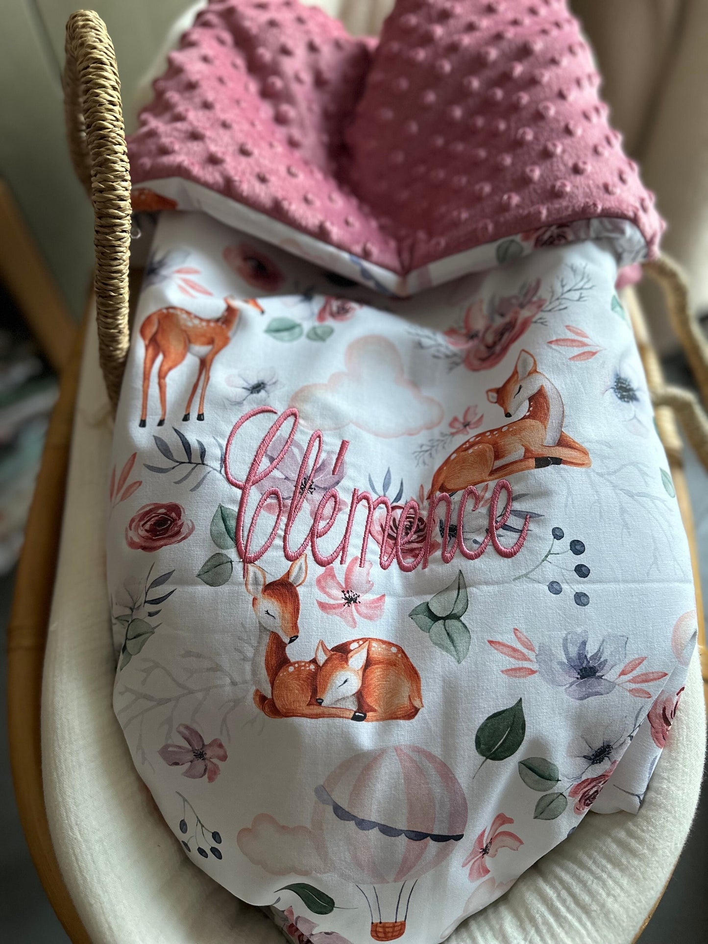 Couverture de naissance personnalisée – Collection Biches et Montgolfières