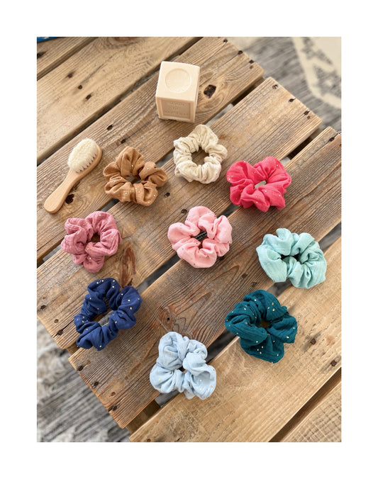 Chouchou / Scrunchie en double gaze à pois dorés